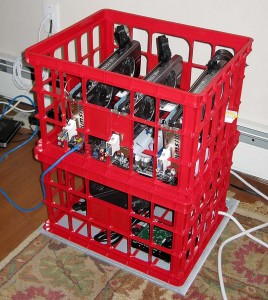 Litecoin mining rig in plastic crates